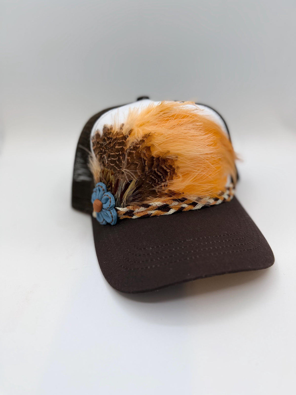 Handmade Feather Trucker Hat with Jeweled Accents, Statement Cap, Adjustable Mesh Hat