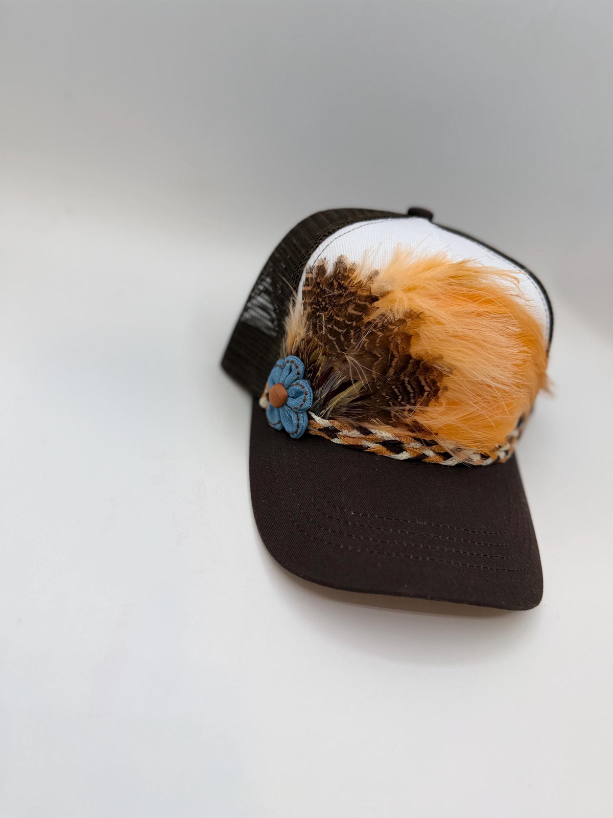 Handmade Feather Trucker Hat with Jeweled Accents, Statement Cap, Adjustable Mesh Hat