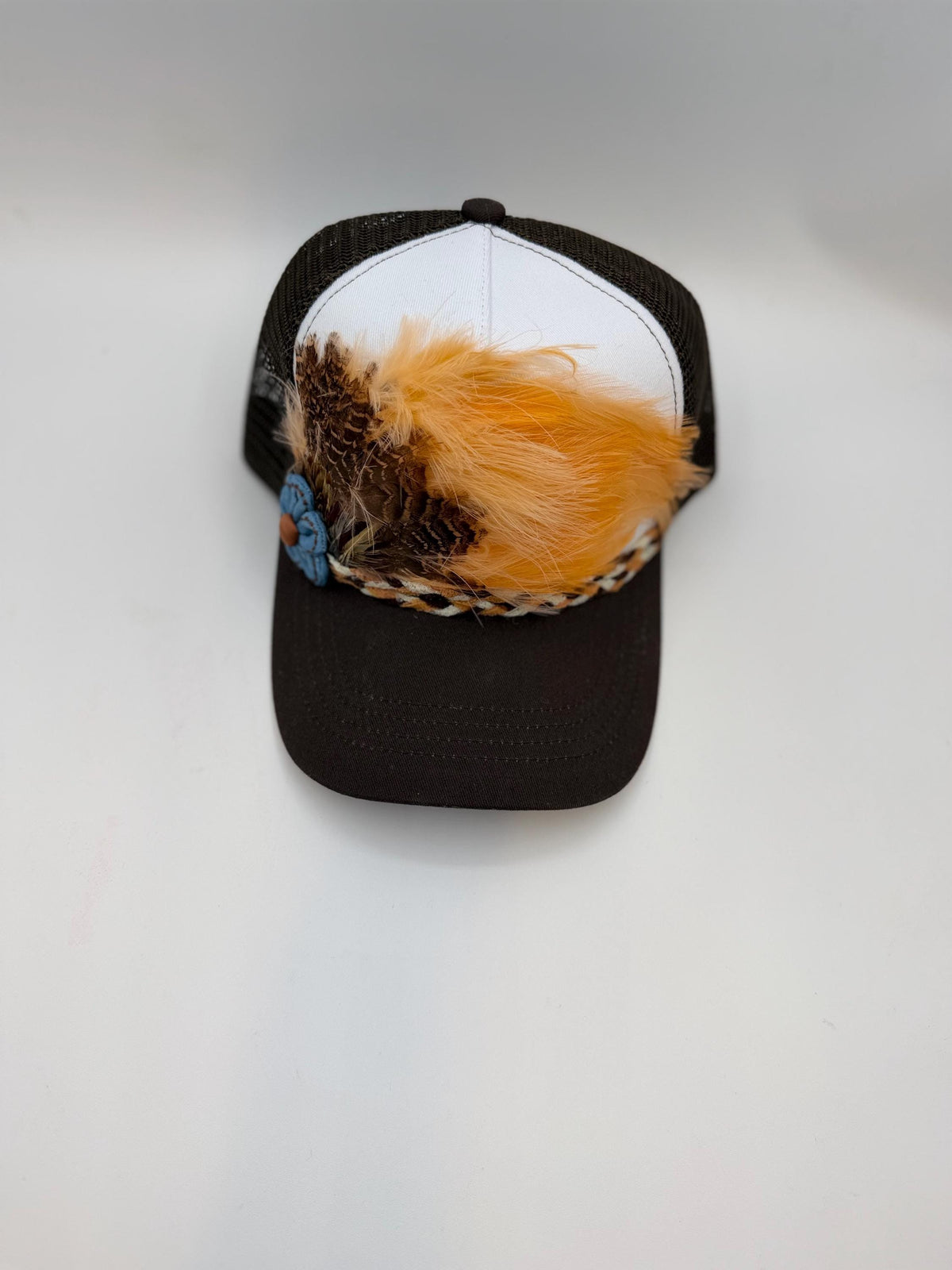 Handmade Feather Trucker Hat with Jeweled Accents, Statement Cap, Adjustable Mesh Hat
