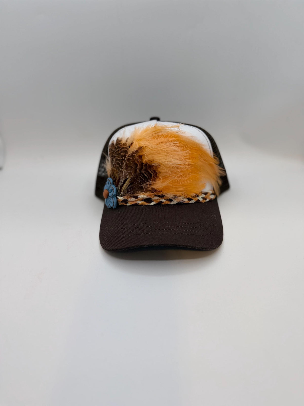 Handmade Feather Trucker Hat with Jeweled Accents, Statement Cap, Adjustable Mesh Hat