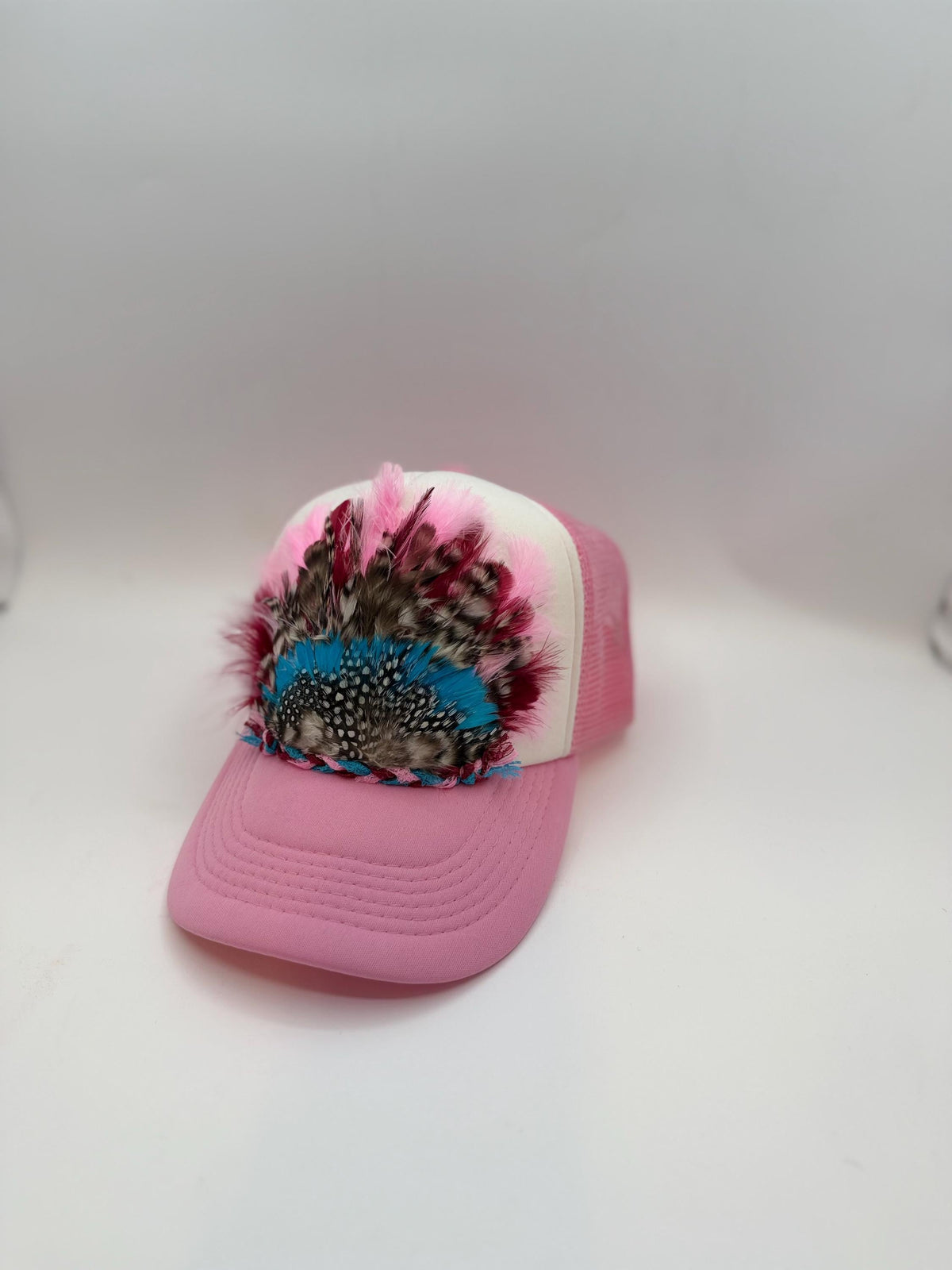 Handmade Feather Trucker Hat with Jeweled Accents, Statement Cap, Adjustable Mesh Hat
