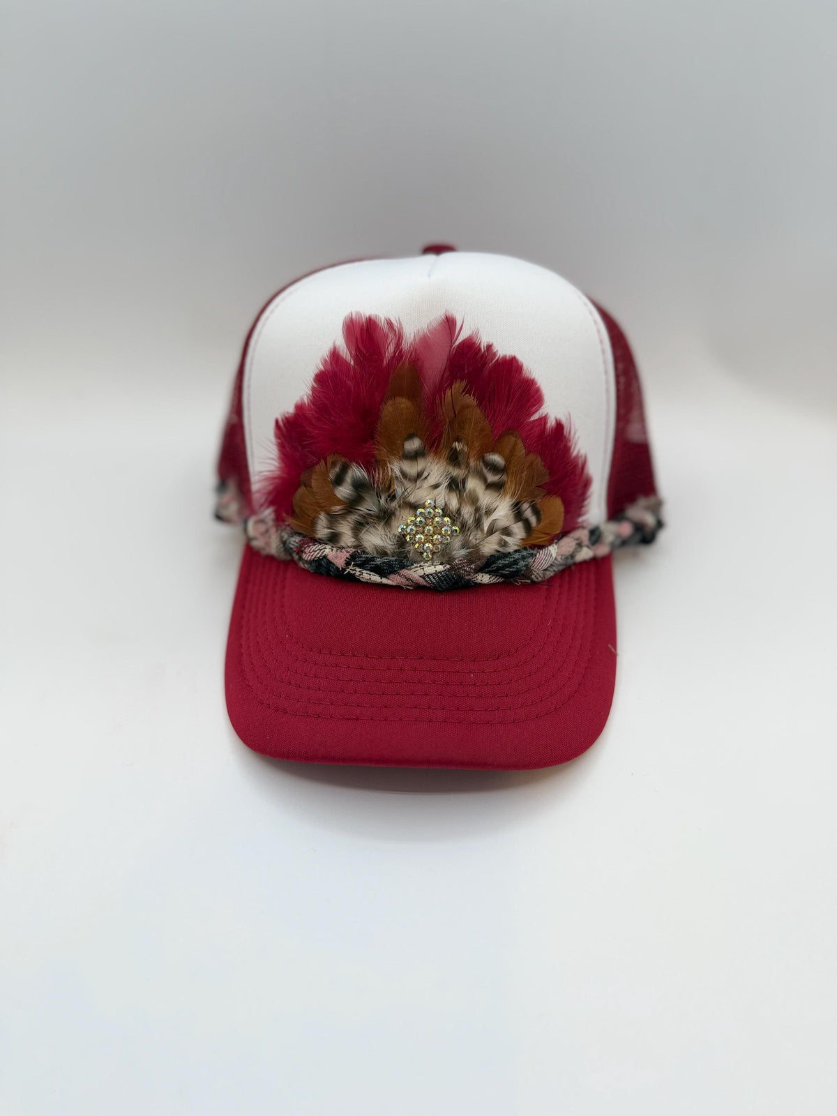 Handmade Feather Trucker Hat with Jeweled Accents, Statement Cap, Adjustable Mesh Hat