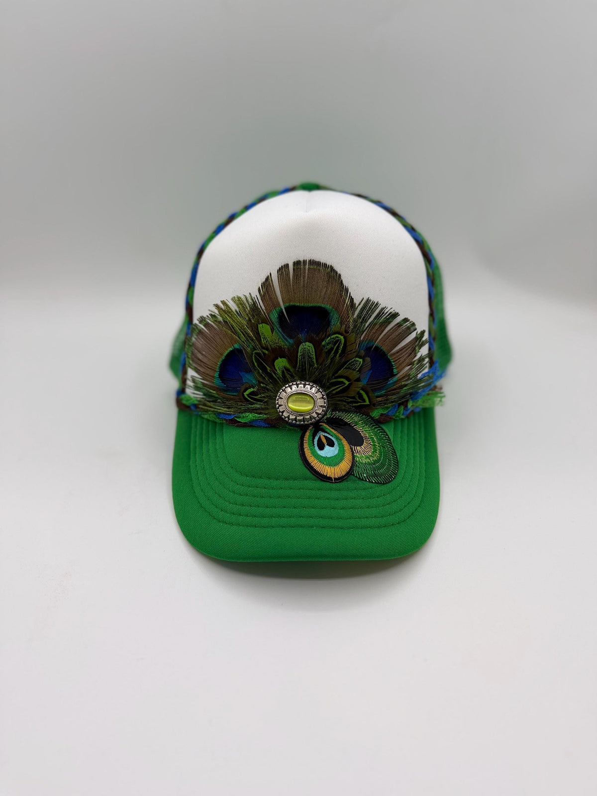 Handmade Peacock Feather Trucker Hat with Jeweled Accents, Statement Cap, Adjustable Mesh Hat