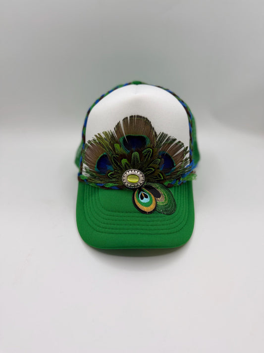 Handmade Peacock Feather Trucker Hat with Jeweled Accents, Statement Cap, Adjustable Mesh Hat