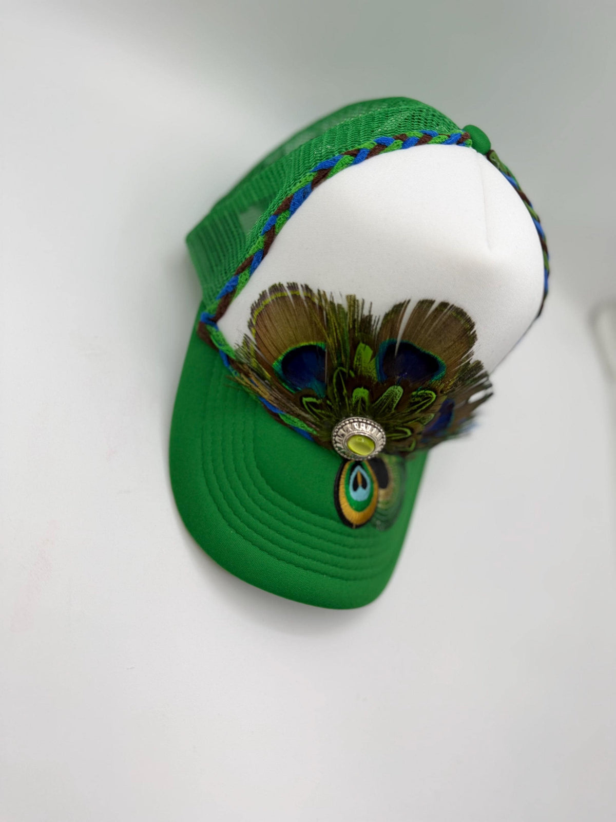 Handmade Peacock Feather Trucker Hat with Jeweled Accents, Statement Cap, Adjustable Mesh Hat