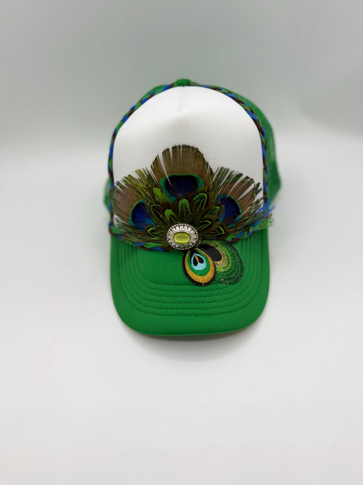 Handmade Peacock Feather Trucker Hat with Jeweled Accents, Statement Cap, Adjustable Mesh Hat