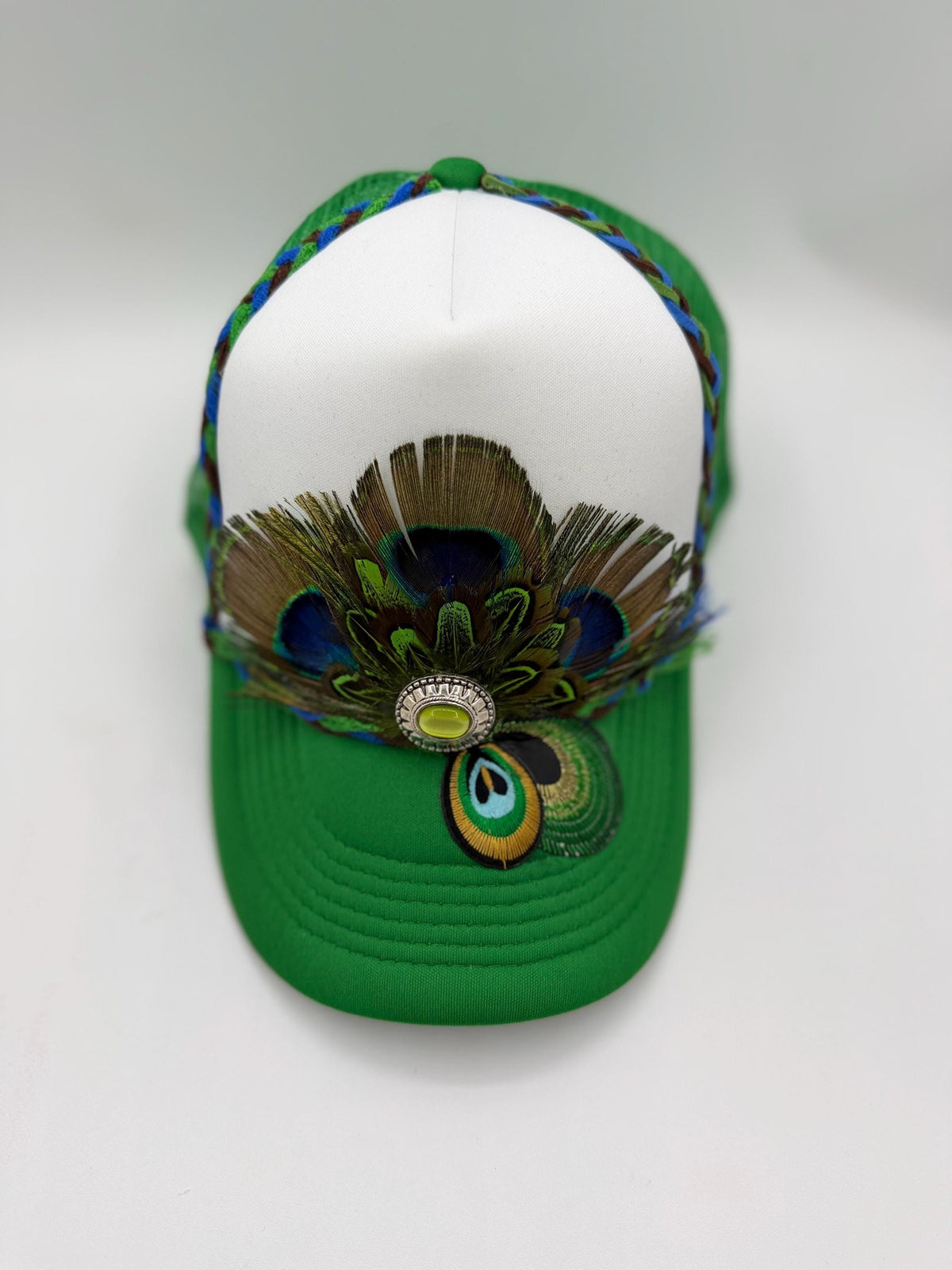 Handmade Peacock Feather Trucker Hat with Jeweled Accents, Statement Cap, Adjustable Mesh Hat