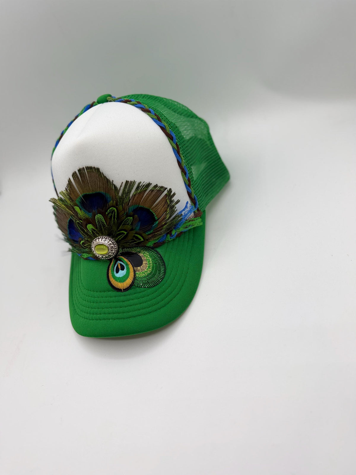 Handmade Peacock Feather Trucker Hat with Jeweled Accents, Statement Cap, Adjustable Mesh Hat