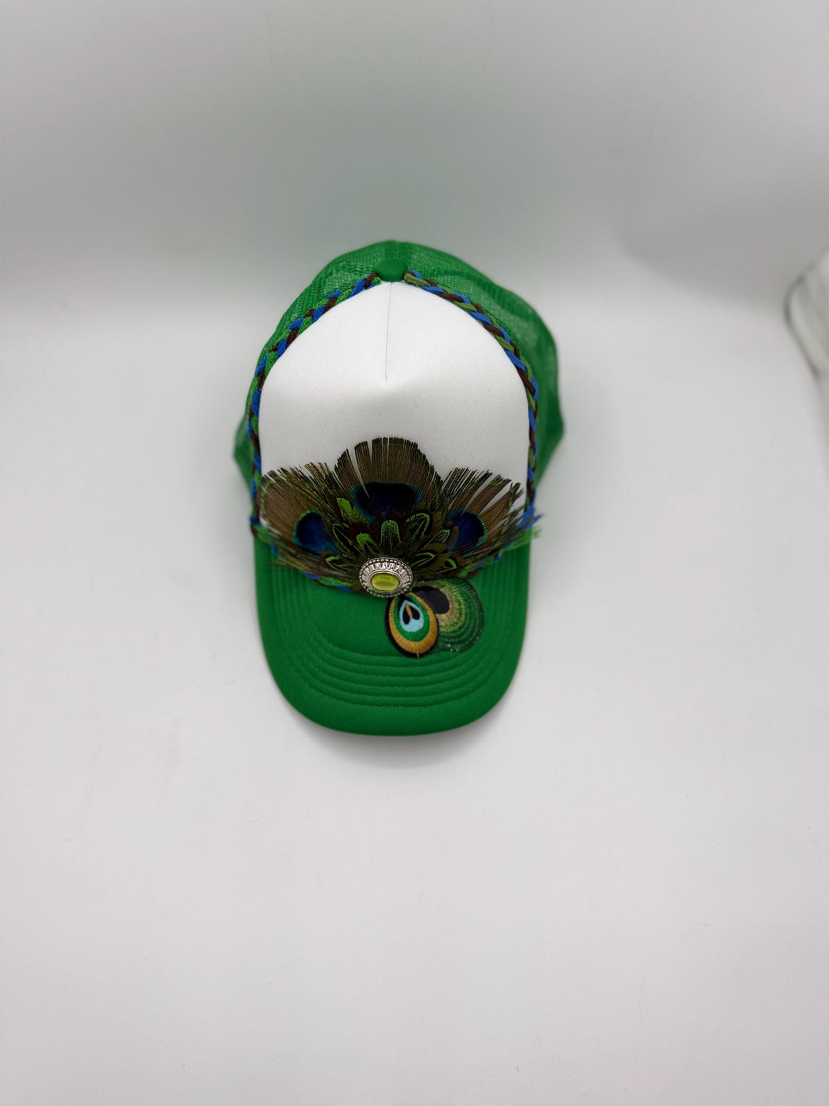 Handmade Peacock Feather Trucker Hat with Jeweled Accents, Statement Cap, Adjustable Mesh Hat