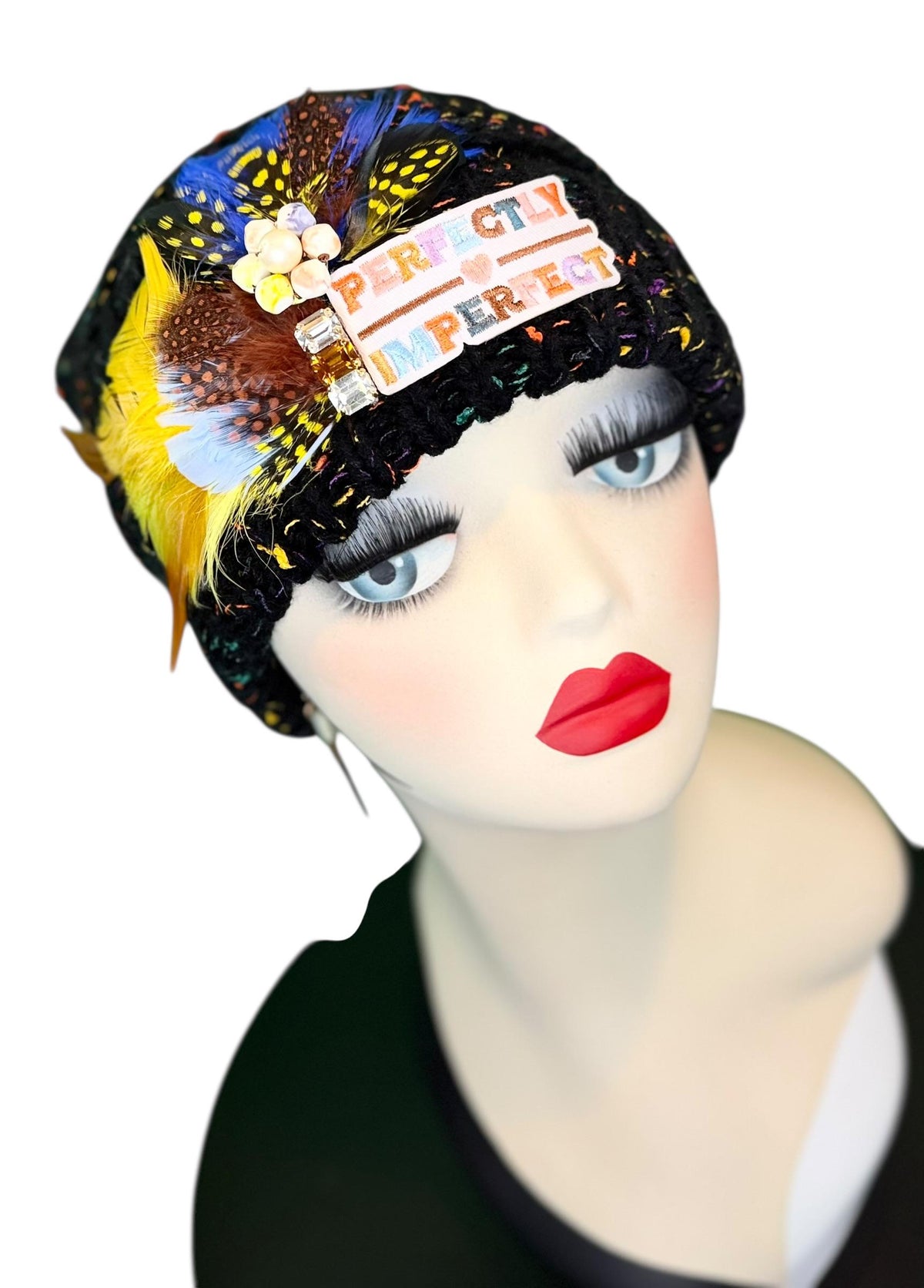 Perfectly Imperfect Patchwork - Feather Trimmed & Jeweled - All Season’s Beanie