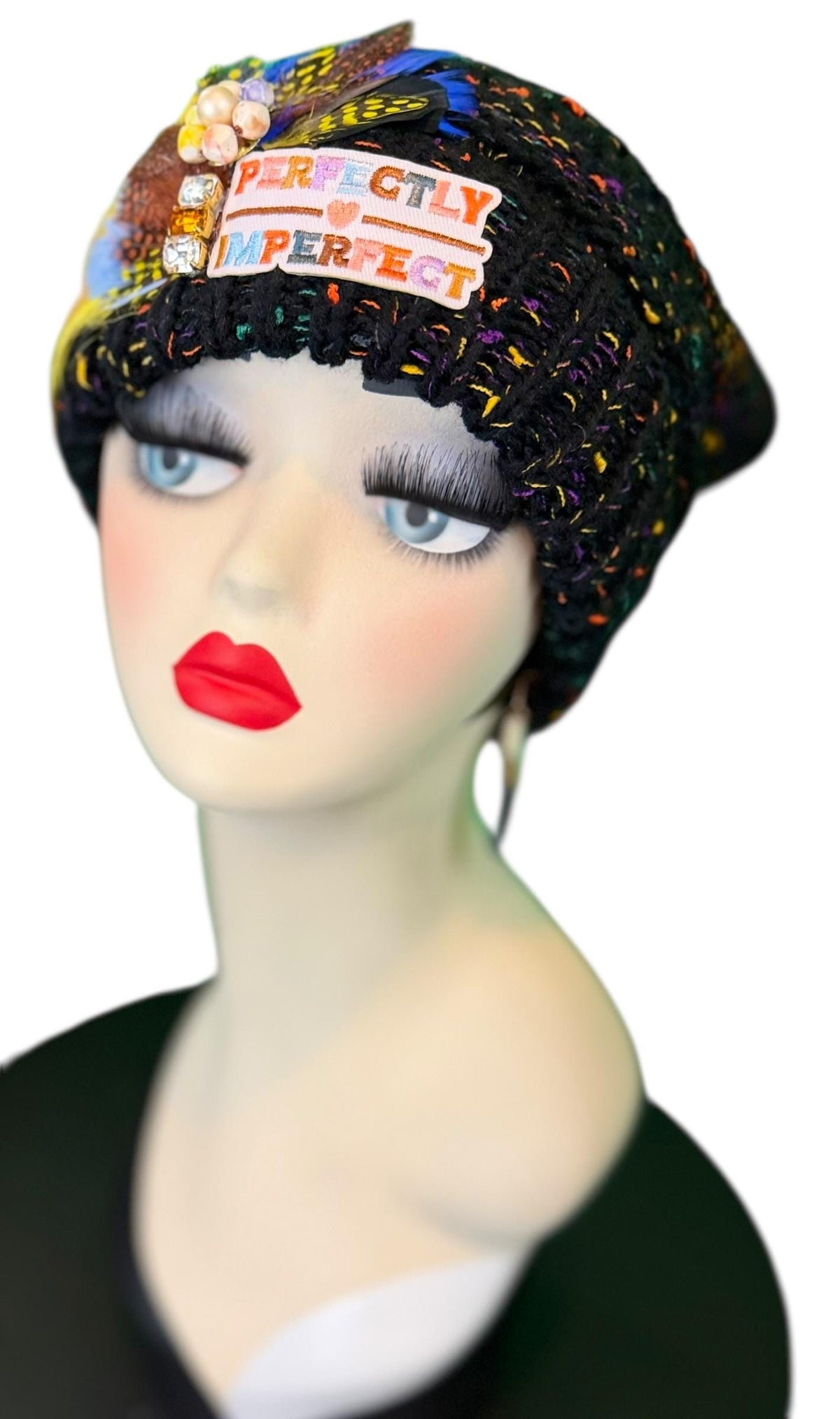 Perfectly Imperfect Patchwork - Feather Trimmed & Jeweled - All Season’s Beanie