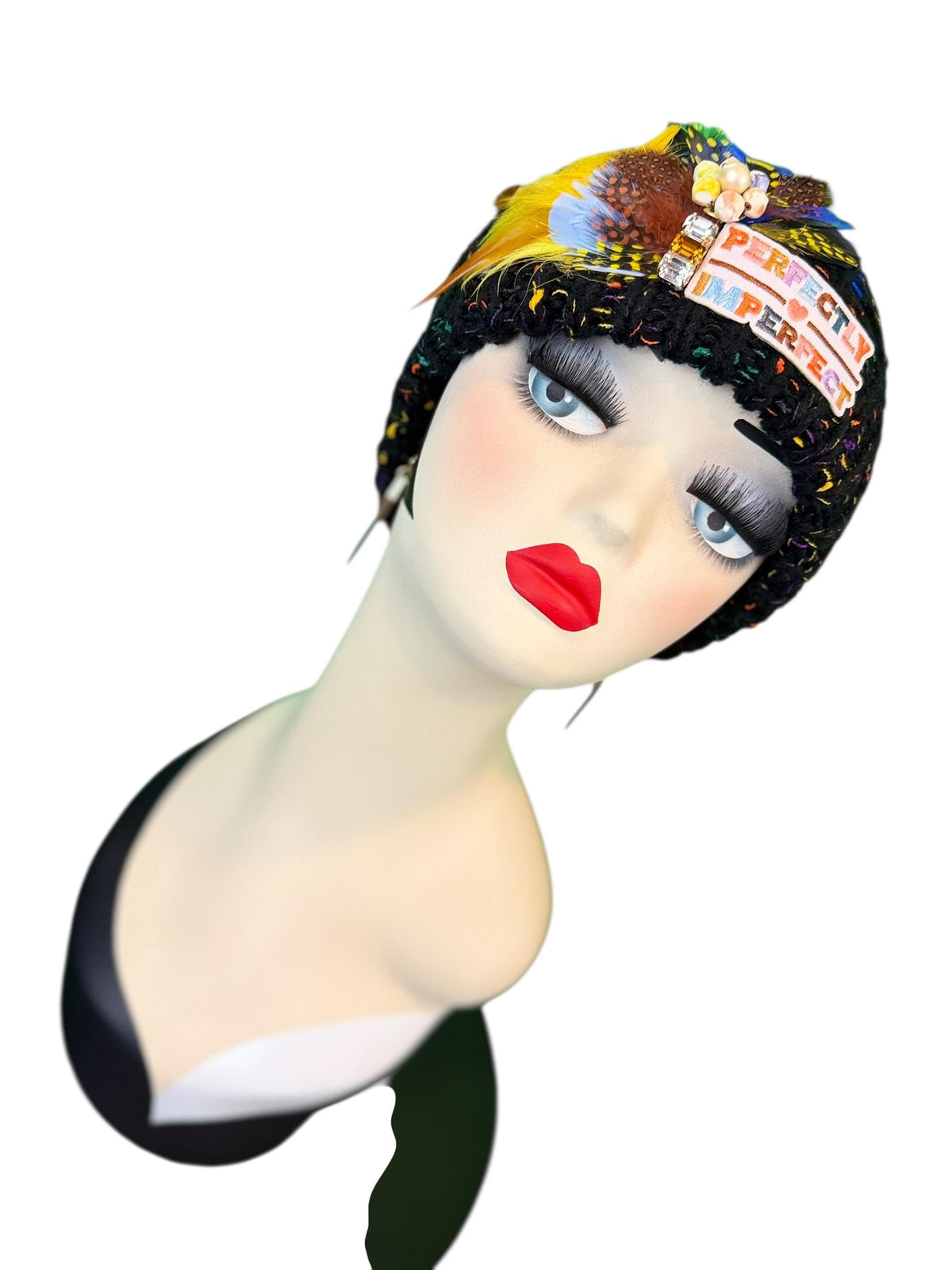Perfectly Imperfect Patchwork - Feather Trimmed & Jeweled - All Season’s Beanie