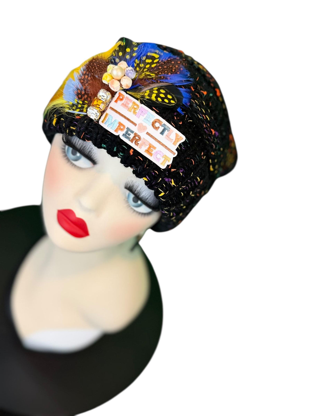 Perfectly Imperfect Patchwork - Feather Trimmed & Jeweled - All Season’s Beanie