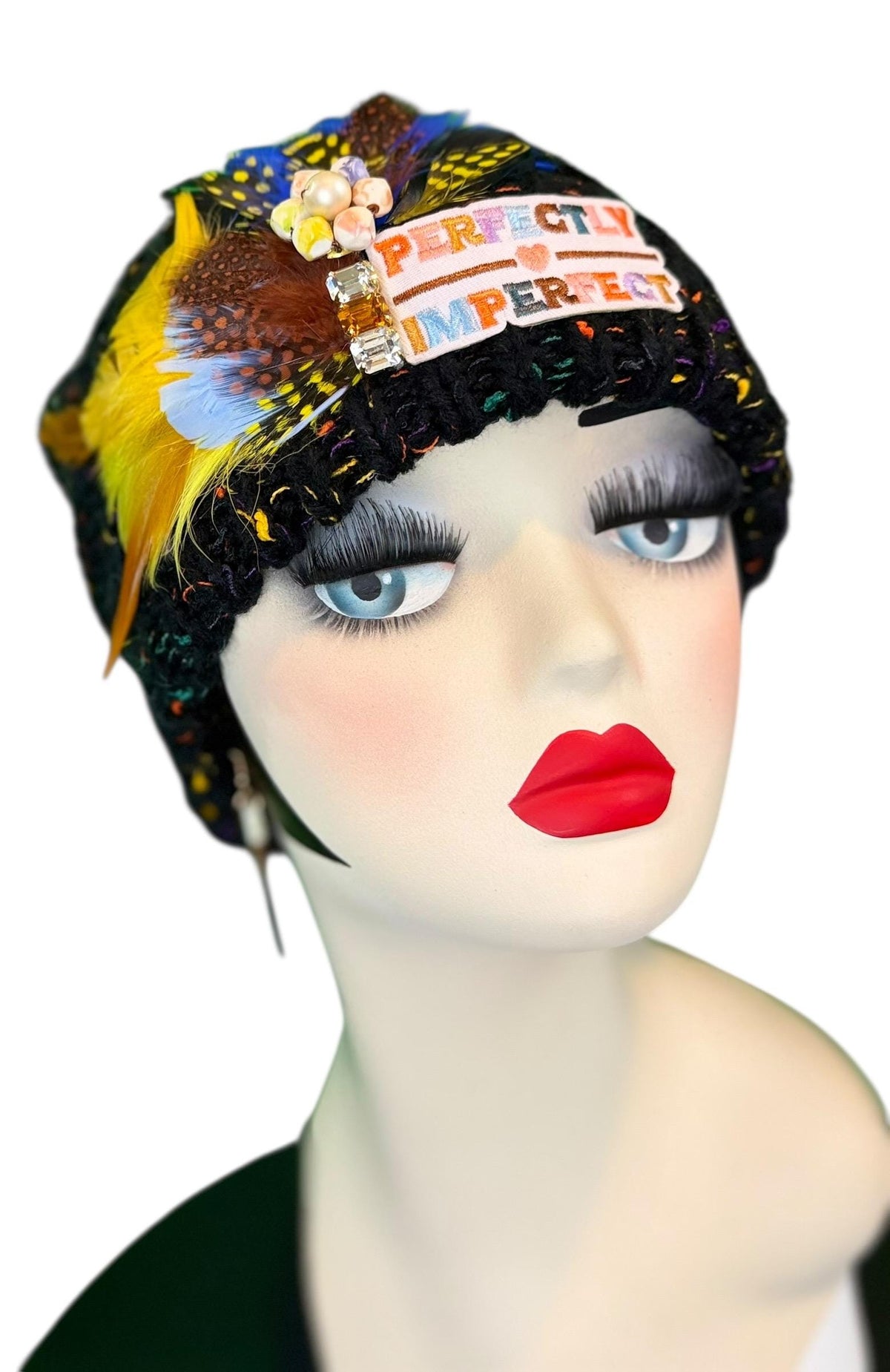 Perfectly Imperfect Patchwork - Feather Trimmed & Jeweled - All Season’s Beanie