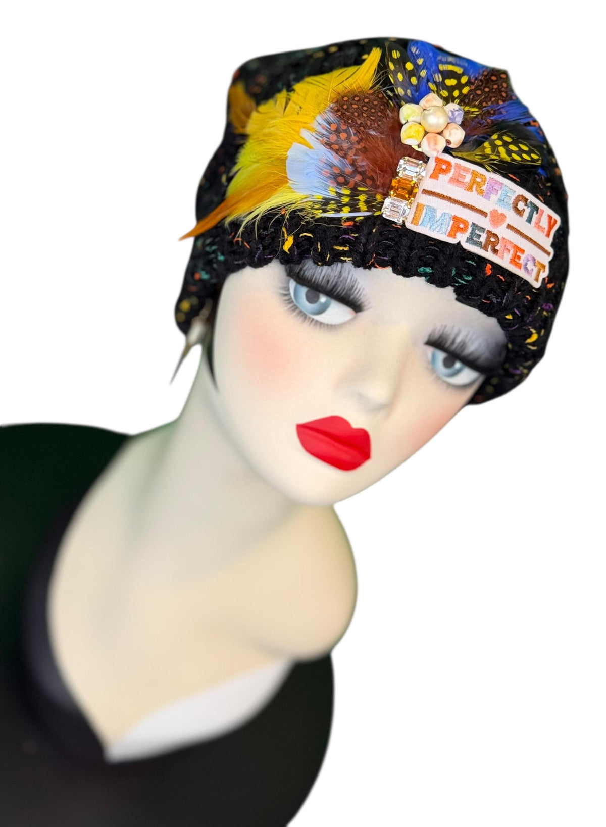 Perfectly Imperfect Patchwork - Feather Trimmed & Jeweled - All Season’s Beanie