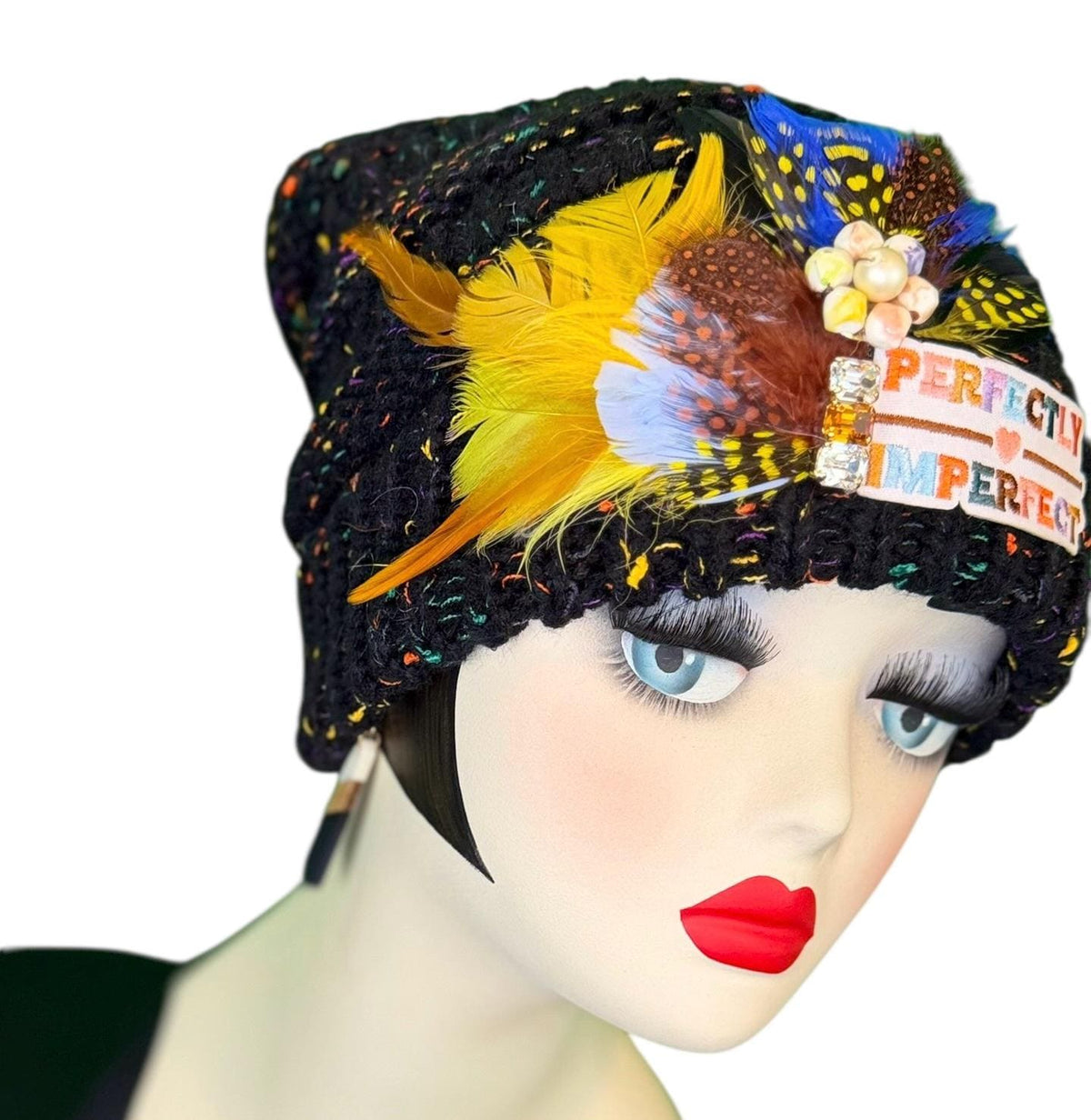 Perfectly Imperfect Patchwork - Feather Trimmed & Jeweled - All Season’s Beanie