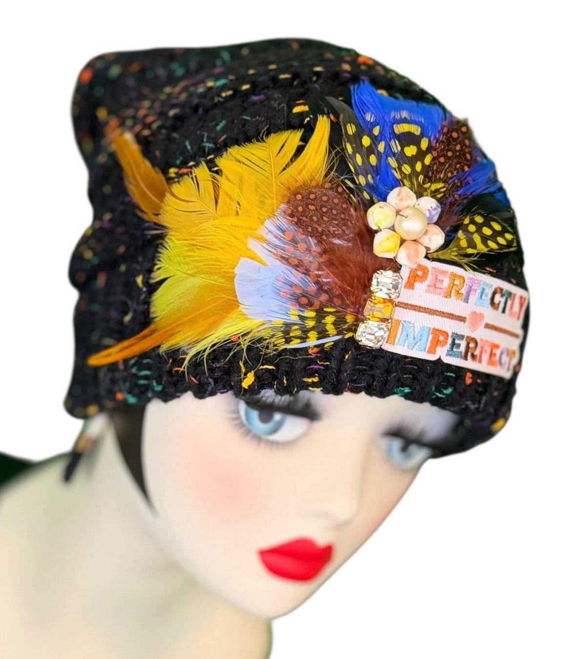 Perfectly Imperfect Patchwork - Feather Trimmed & Jeweled - All Season’s Beanie