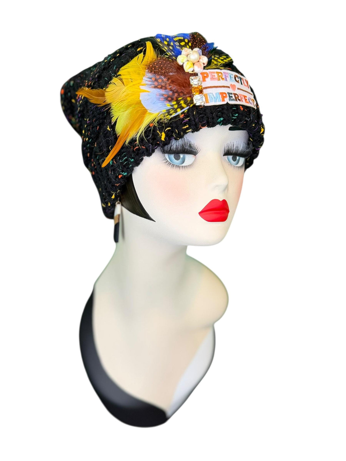 Perfectly Imperfect Patchwork - Feather Trimmed & Jeweled - All Season’s Beanie