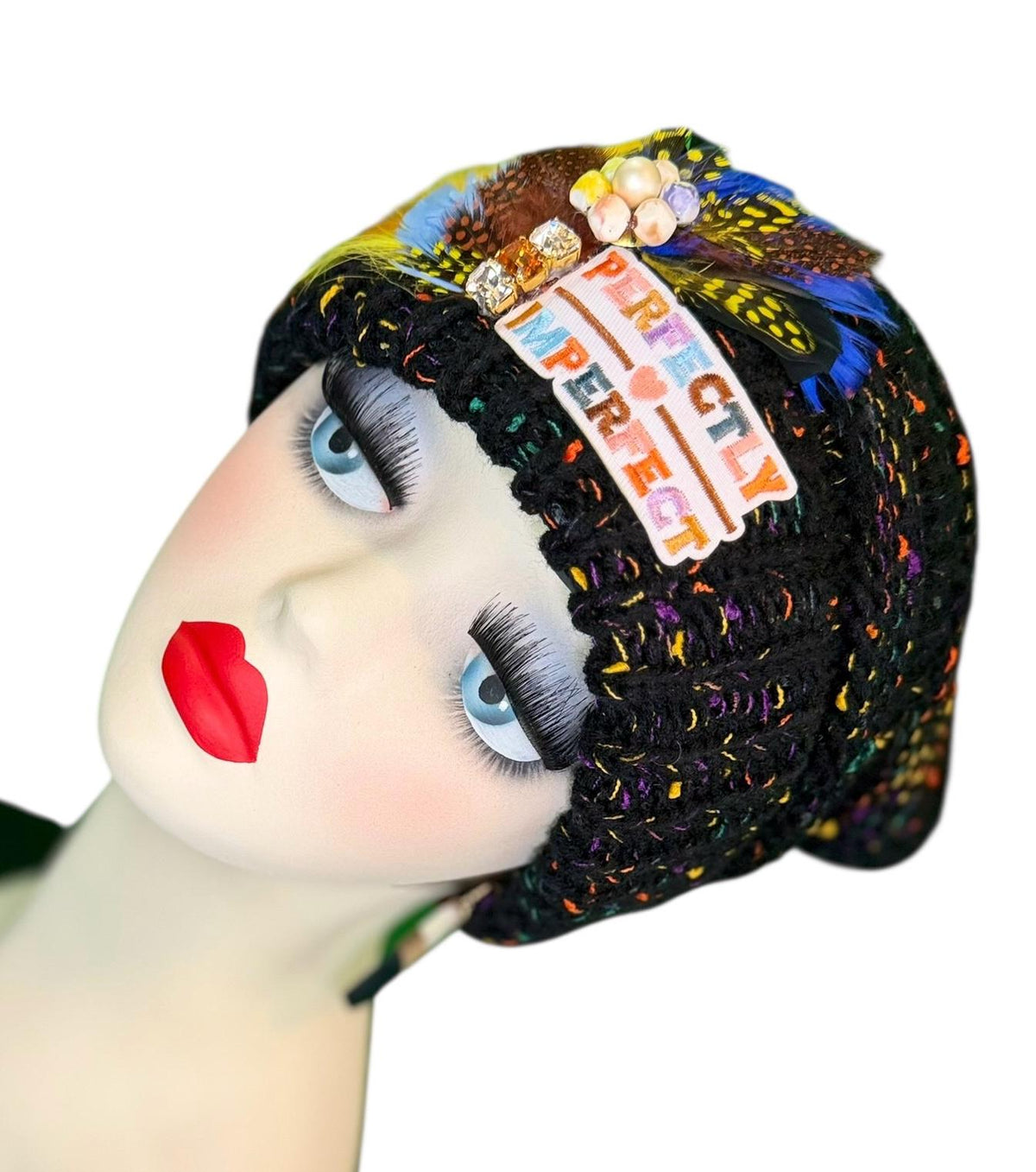 Perfectly Imperfect Patchwork - Feather Trimmed & Jeweled - All Season’s Beanie