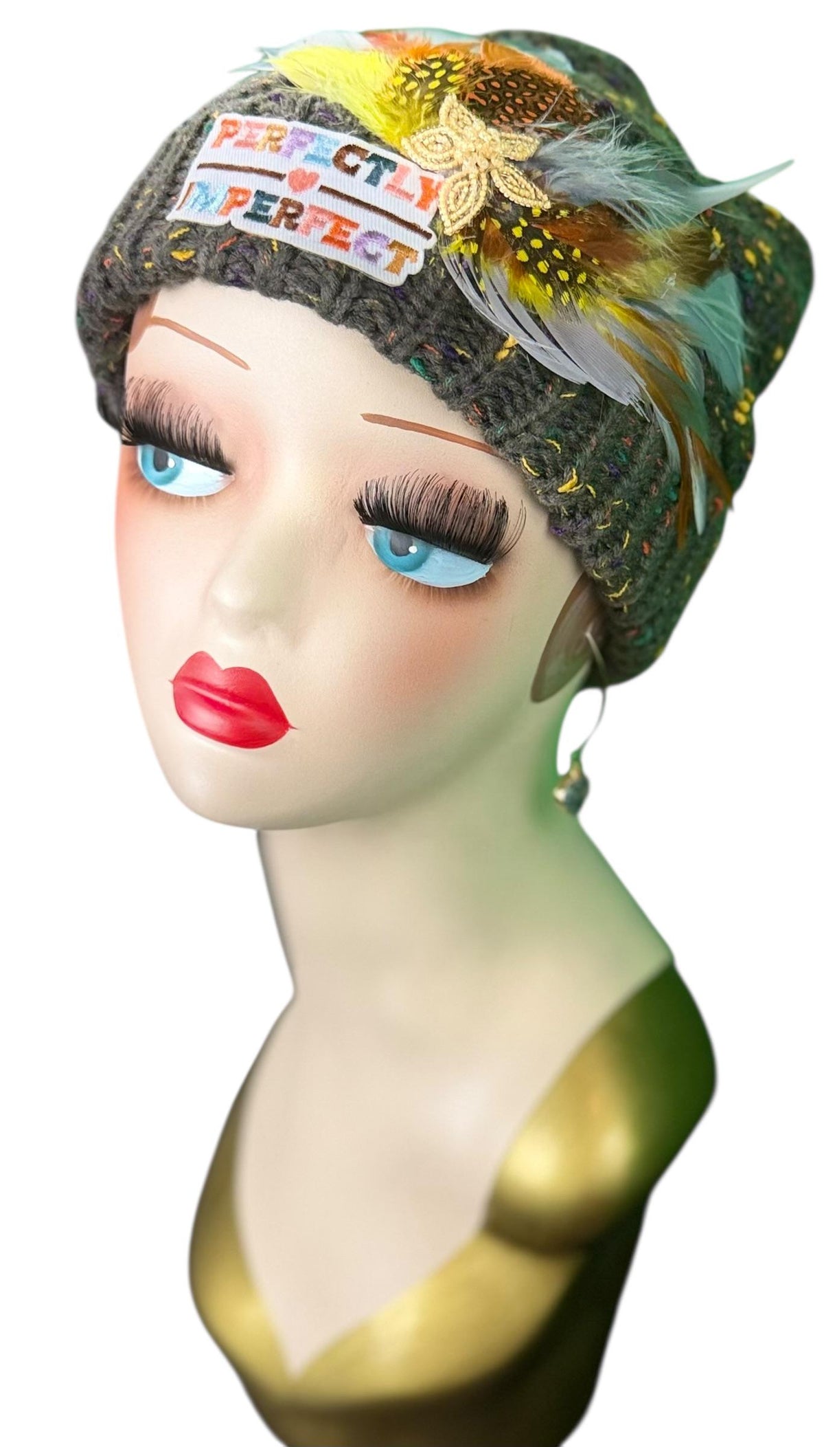 Perfectly Imperfect Patchwork - Feather Trimmed & Jeweled - All Season’s Beanie