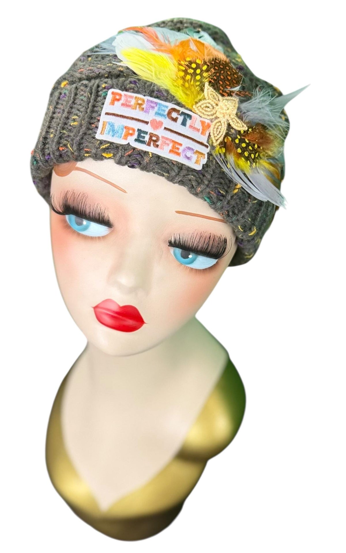 Perfectly Imperfect Patchwork - Feather Trimmed & Jeweled - All Season’s Beanie
