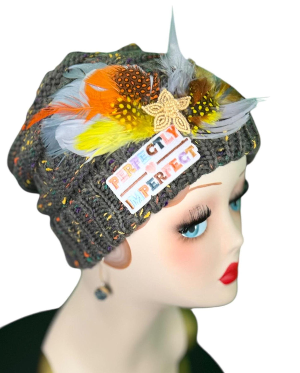 Perfectly Imperfect Patchwork - Feather Trimmed & Jeweled - All Season’s Beanie