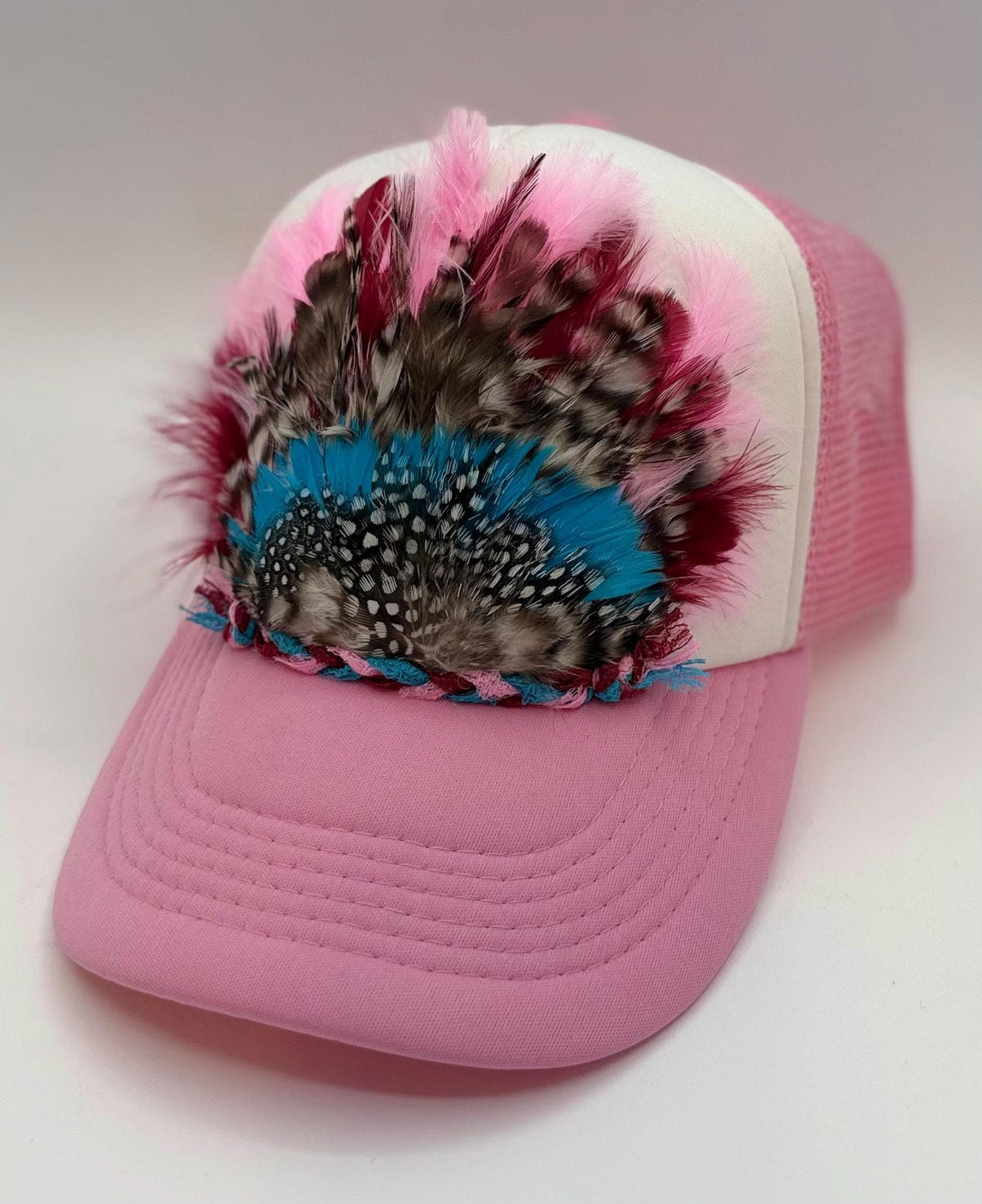 Handmade Feather Trucker Hat with Jeweled Accents, Statement Cap, Adjustable Mesh Hat
