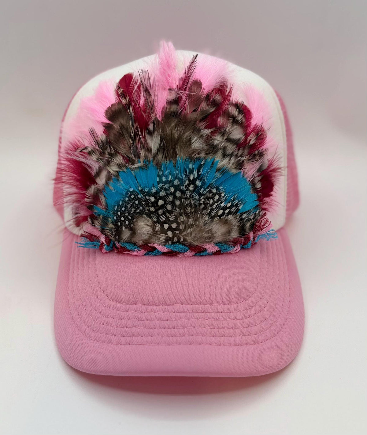 Handmade Feather Trucker Hat with Jeweled Accents, Statement Cap, Adjustable Mesh Hat