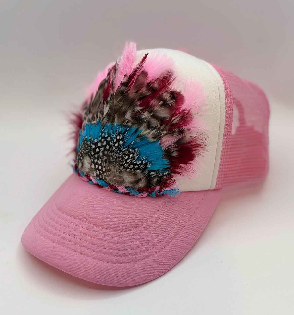 Handmade Feather Trucker Hat with Jeweled Accents, Statement Cap, Adjustable Mesh Hat