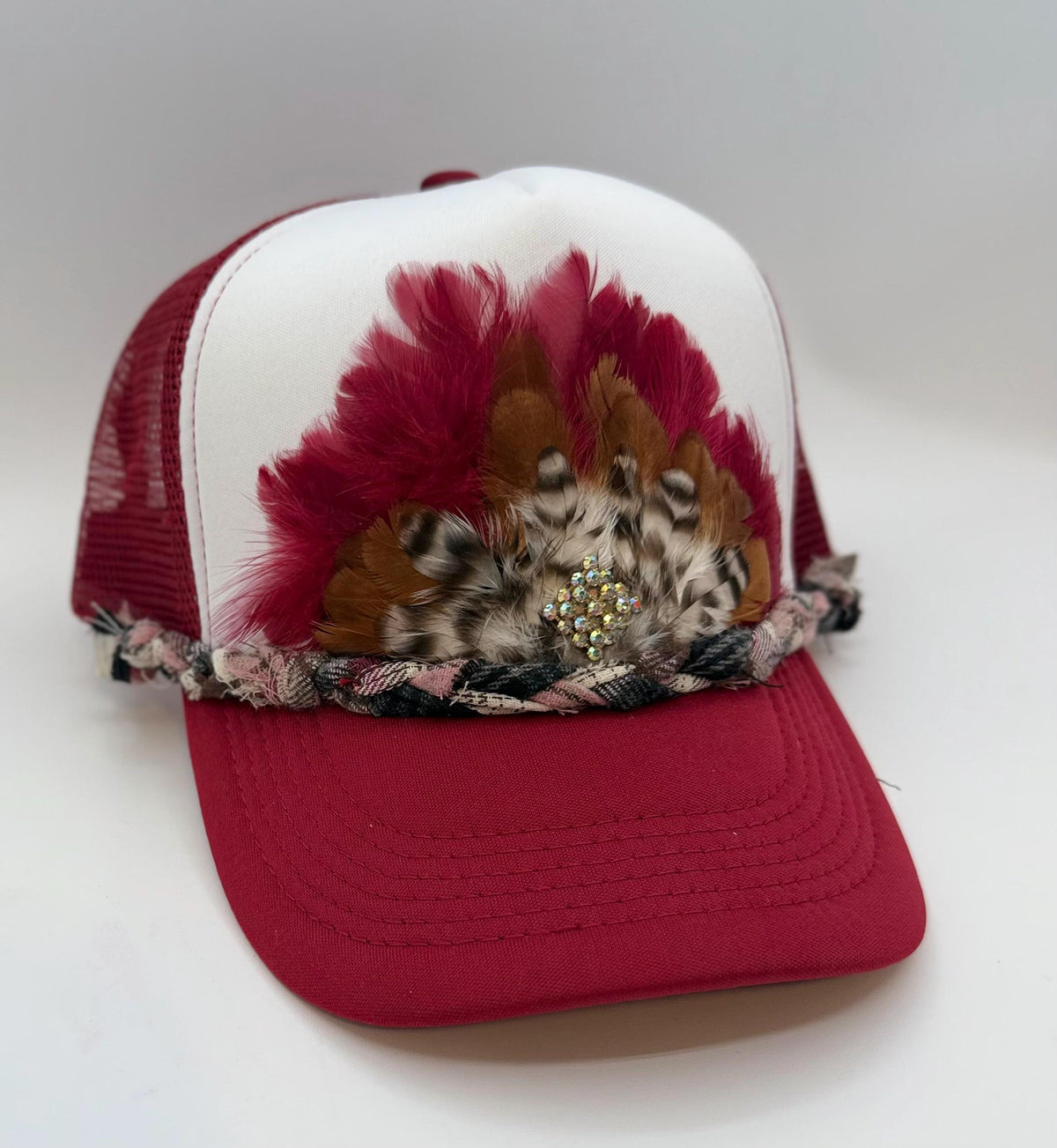 Handmade Feather Trucker Hat with Jeweled Accents, Statement Cap, Adjustable Mesh Hat