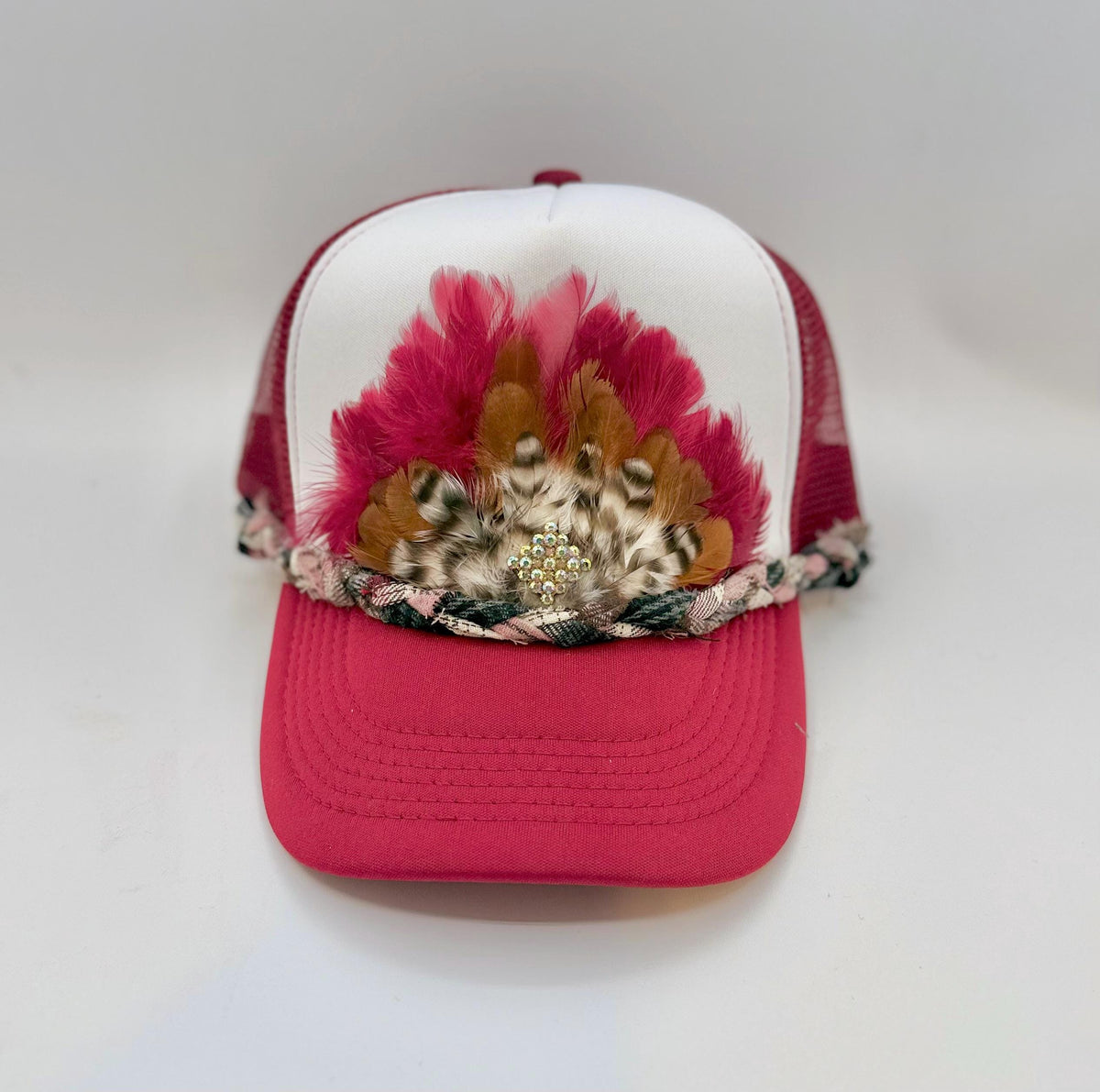 Handmade Feather Trucker Hat with Jeweled Accents, Statement Cap, Adjustable Mesh Hat