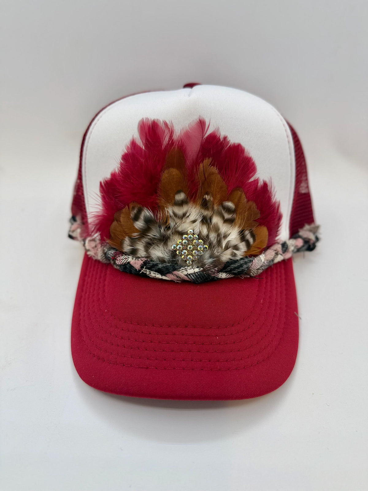 Handmade Feather Trucker Hat with Jeweled Accents, Statement Cap, Adjustable Mesh Hat