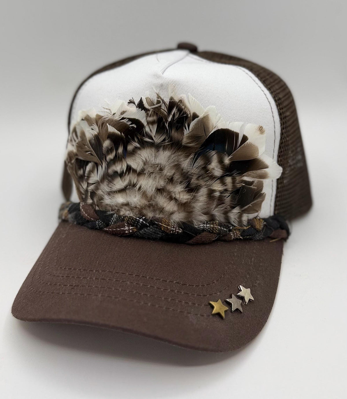 Handmade Feather Trucker Hat with Jeweled Accents, Statement Cap, Adjustable Mesh Hat