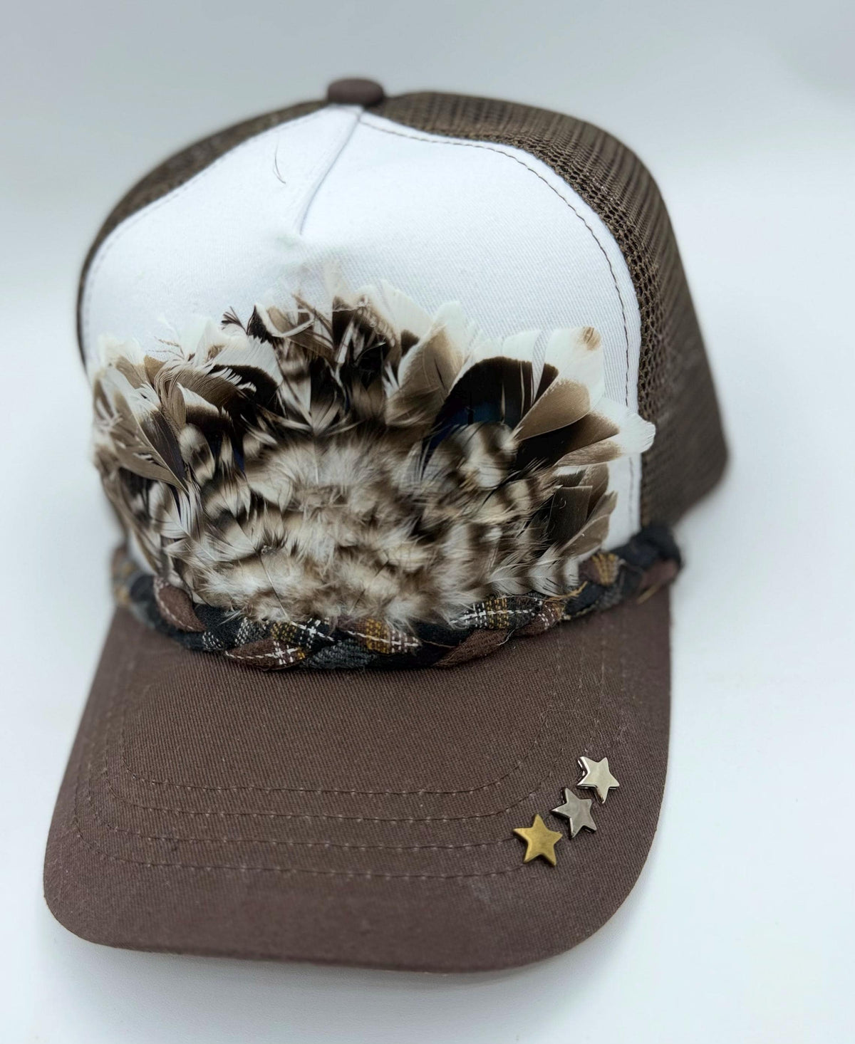 Handmade Feather Trucker Hat with Jeweled Accents, Statement Cap, Adjustable Mesh Hat