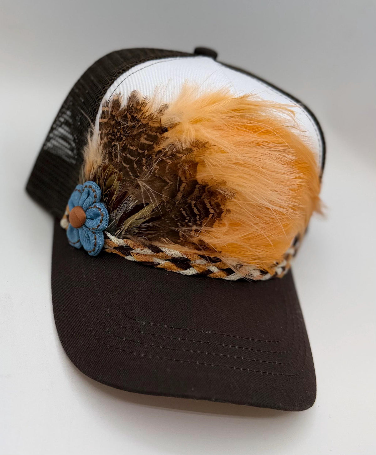 Handmade Feather Trucker Hat with Jeweled Accents, Statement Cap, Adjustable Mesh Hat