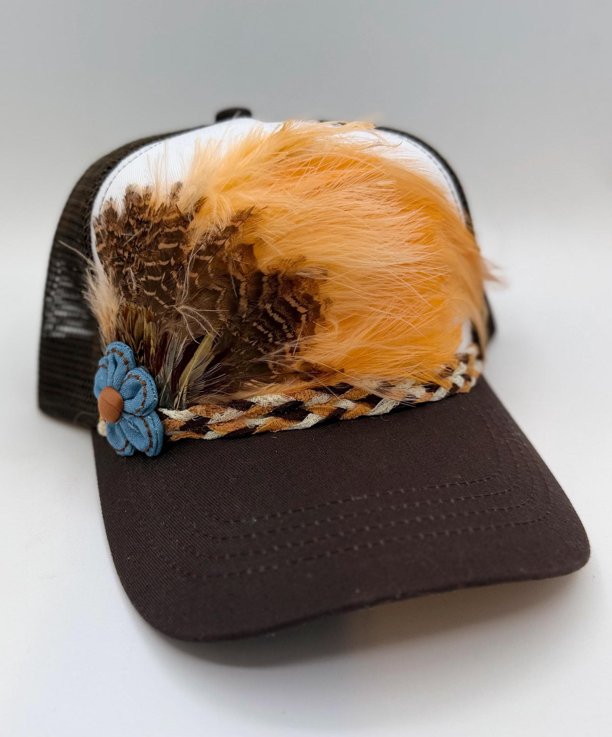 Handmade Feather Trucker Hat with Jeweled Accents, Statement Cap, Adjustable Mesh Hat
