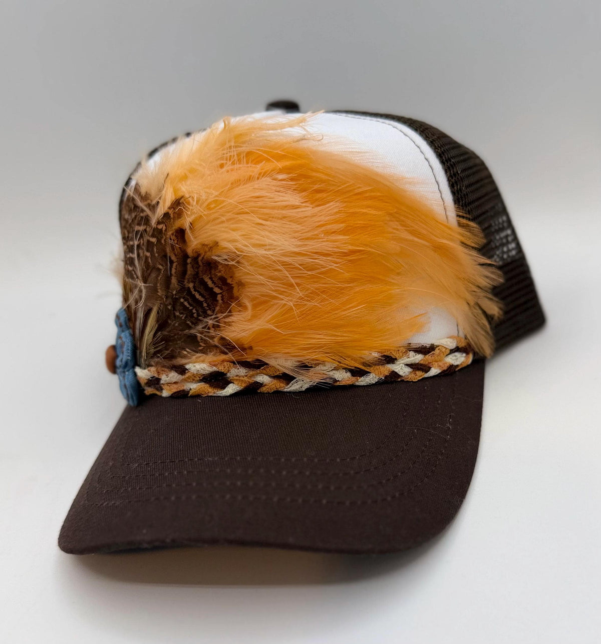 Handmade Feather Trucker Hat with Jeweled Accents, Statement Cap, Adjustable Mesh Hat