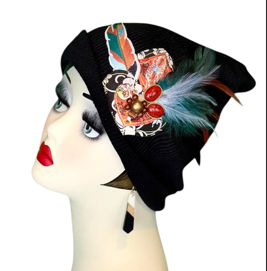 Tribal Night-Time Vibes Patchwork Flapper Designer Feathered Jeweled Embellished Knit Hat Beanie Vintage Boutique Accessory