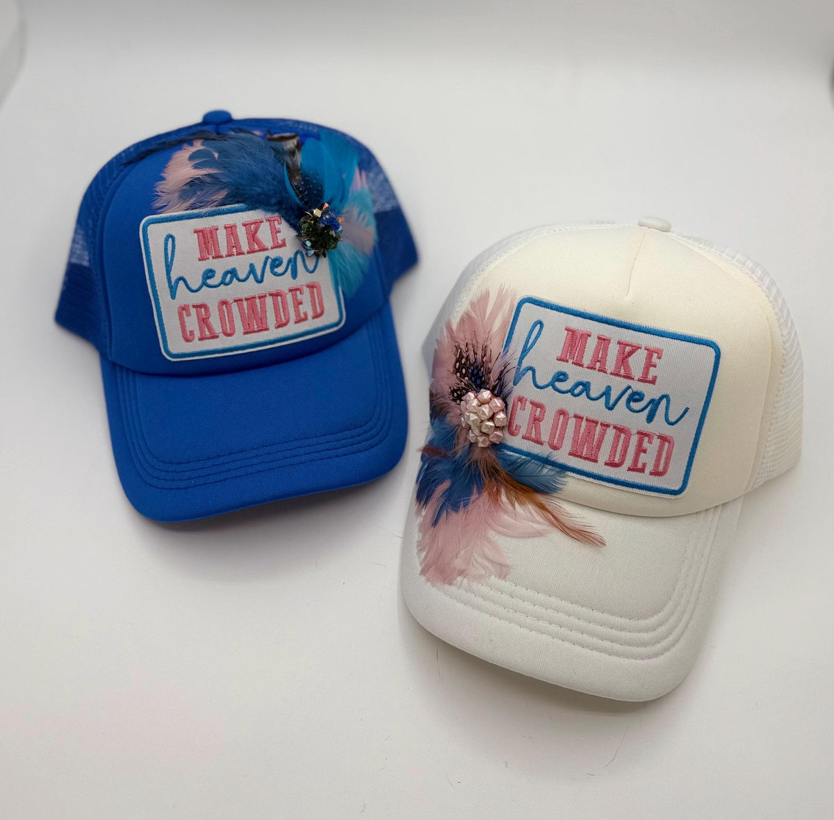 Make Heaven Crowded Statement Patchwork Feathered & Jeweled Avant-Garde Fashionable Trucker Hat