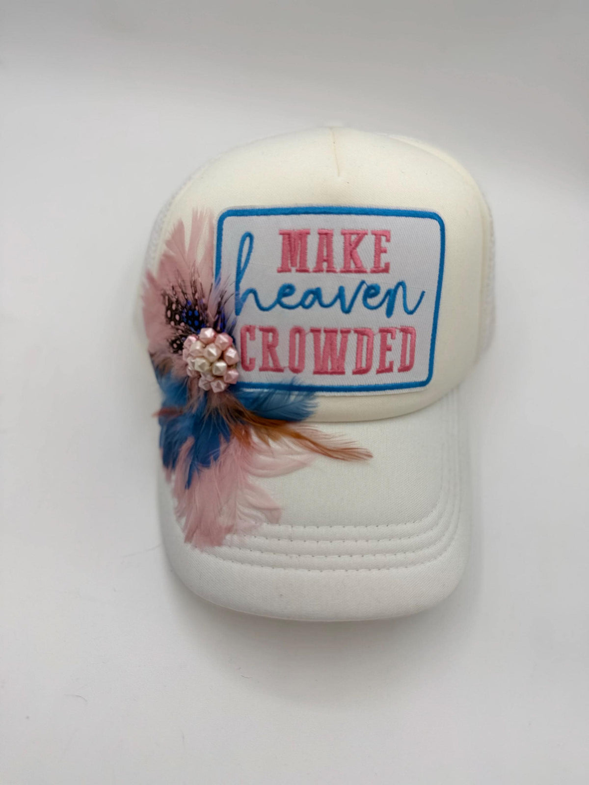 Make Heaven Crowded Statement Patchwork Feathered & Jeweled Avant-Garde Fashionable Trucker Hat