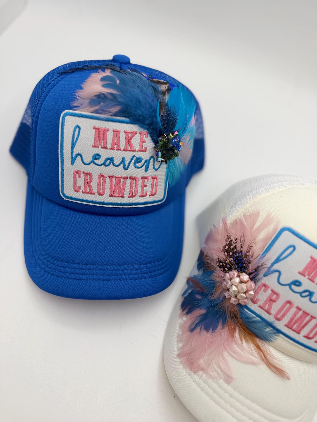 Make Heaven Crowded Statement Patchwork Feathered & Jeweled Avant-Garde Fashionable Trucker Hat
