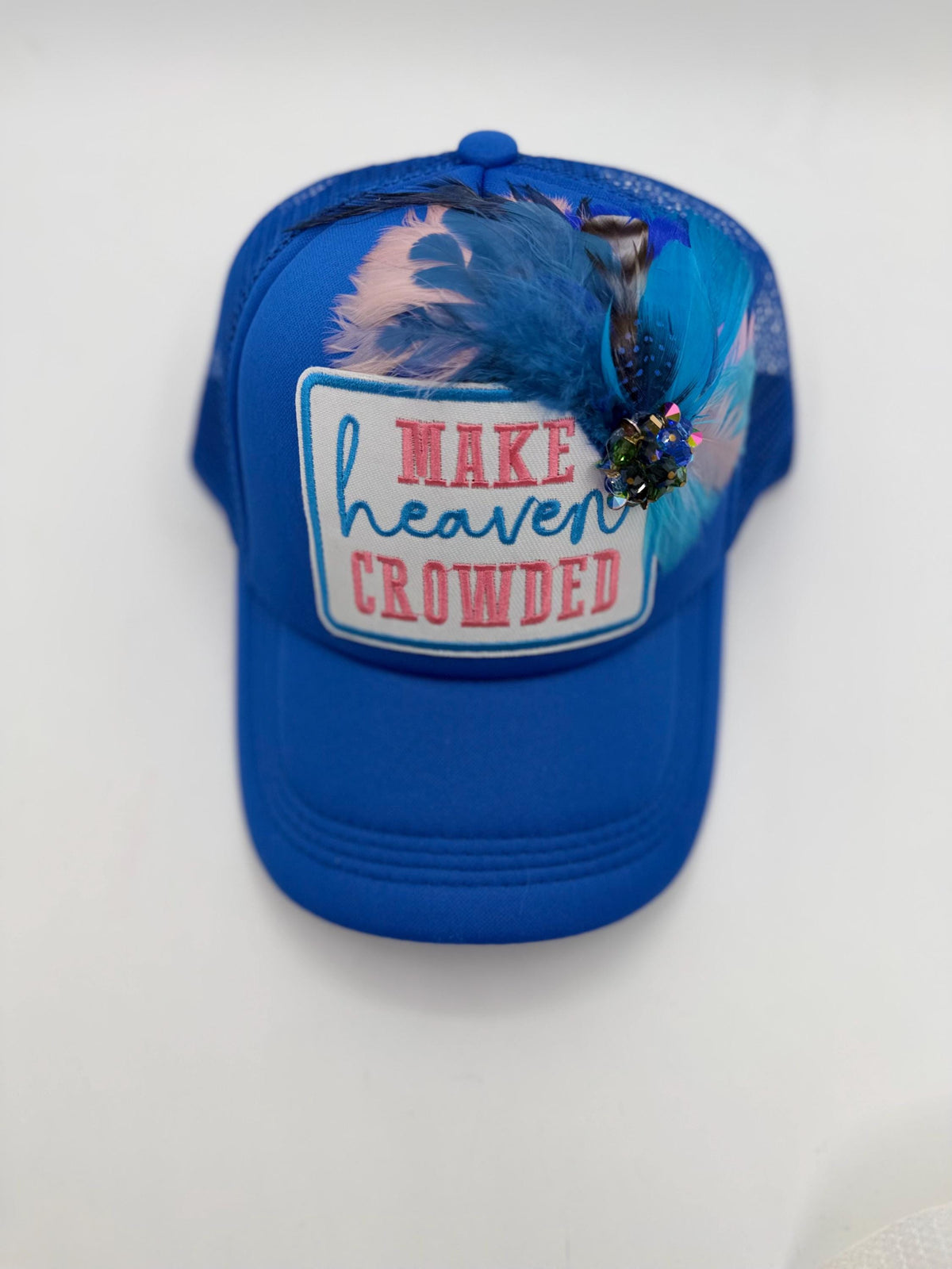 Make Heaven Crowded Statement Patchwork Feathered & Jeweled Avant-Garde Fashionable Trucker Hat