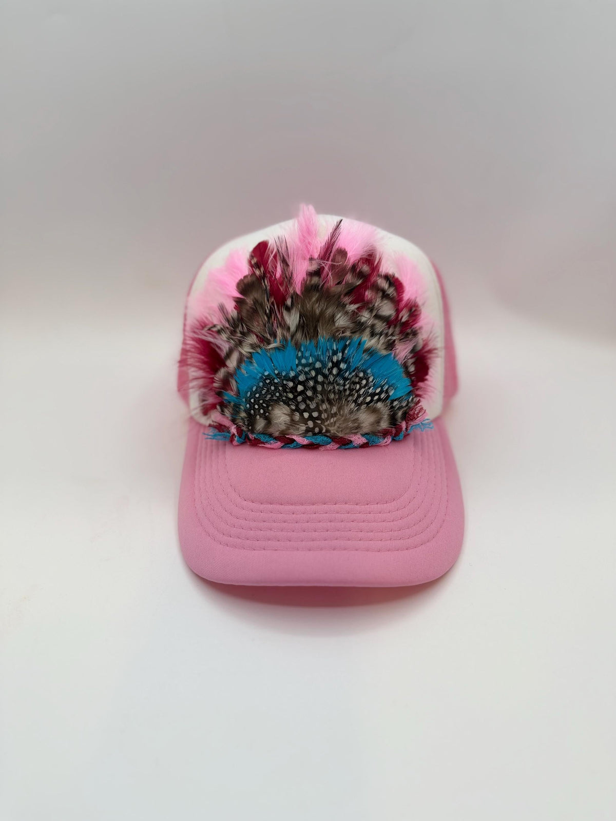 Handmade Feather Trucker Hat with Jeweled Accents, Statement Cap, Adjustable Mesh Hat