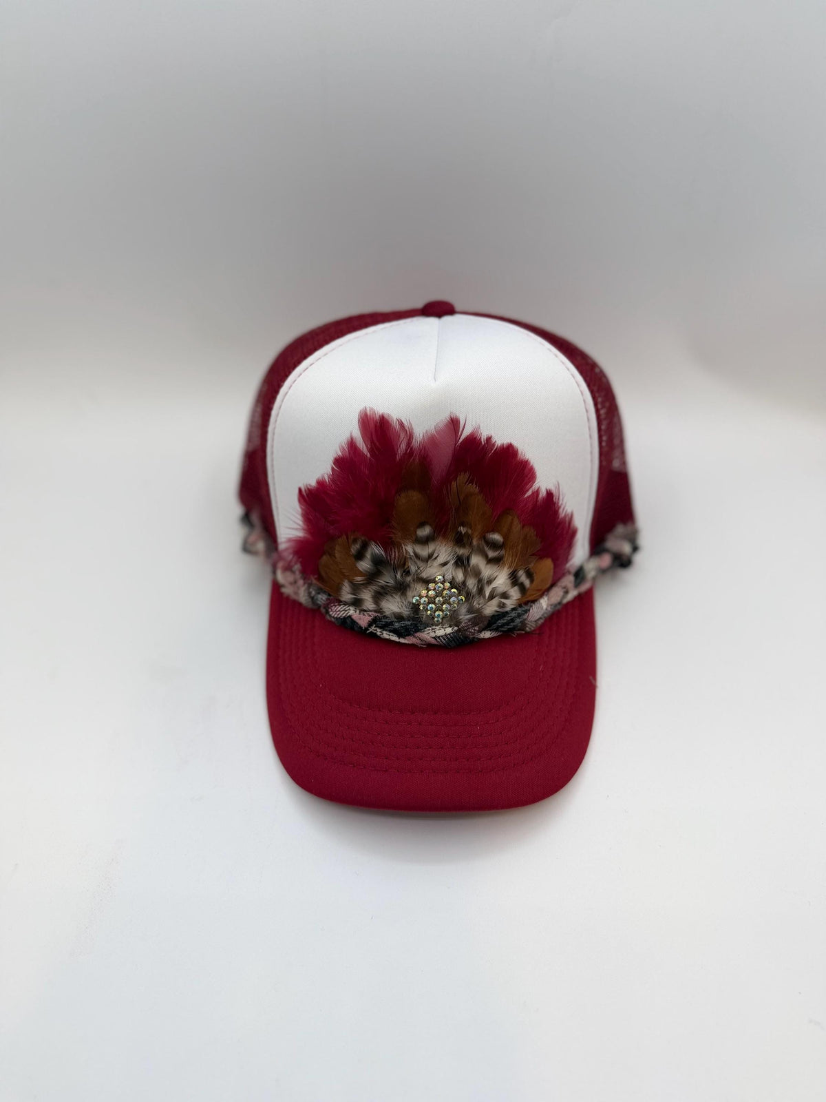Handmade Feather Trucker Hat with Jeweled Accents, Statement Cap, Adjustable Mesh Hat