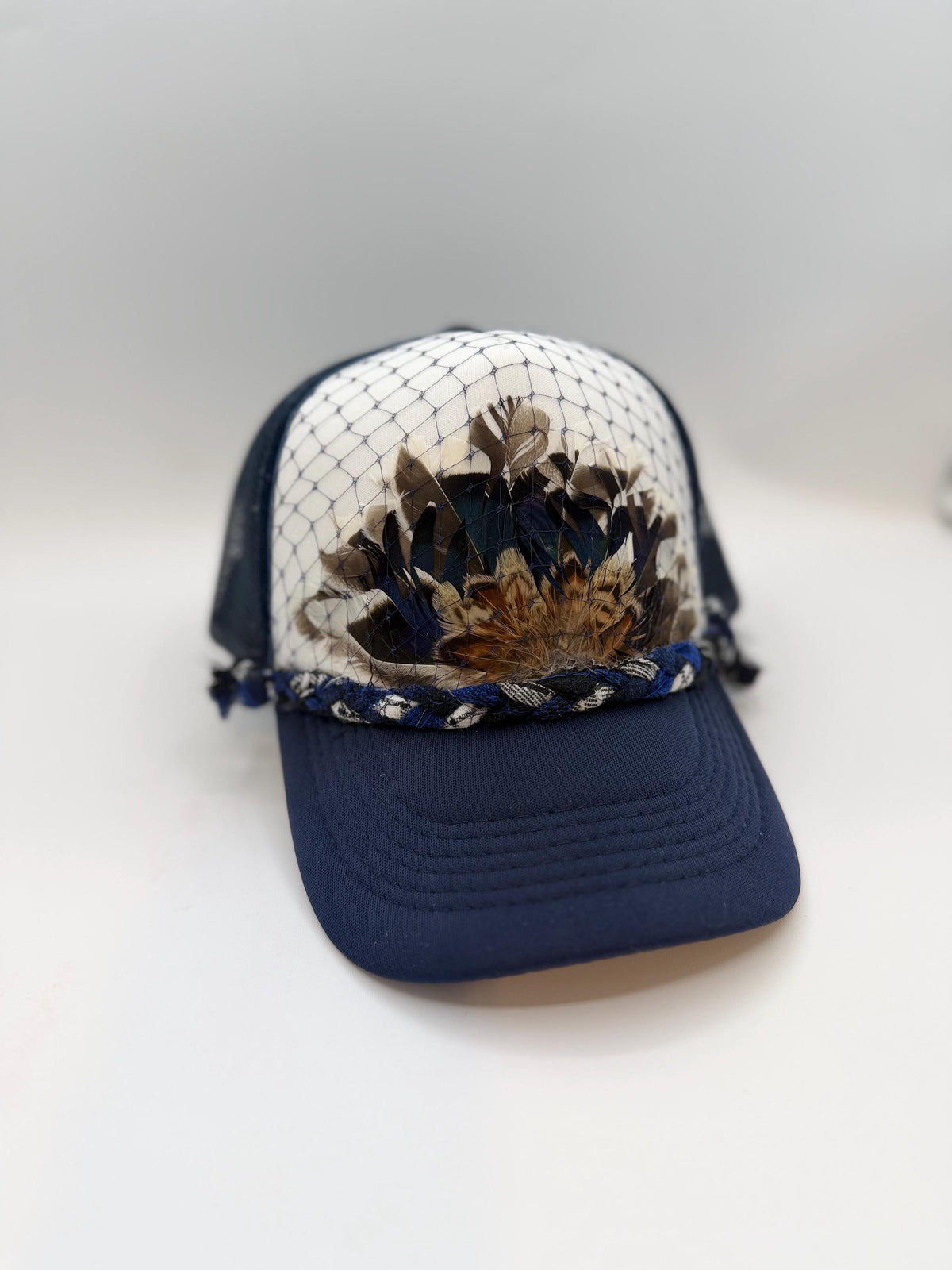 Handmade Feather Trucker Hat with Jeweled Accents, Statement Cap, Adjustable Mesh Hat