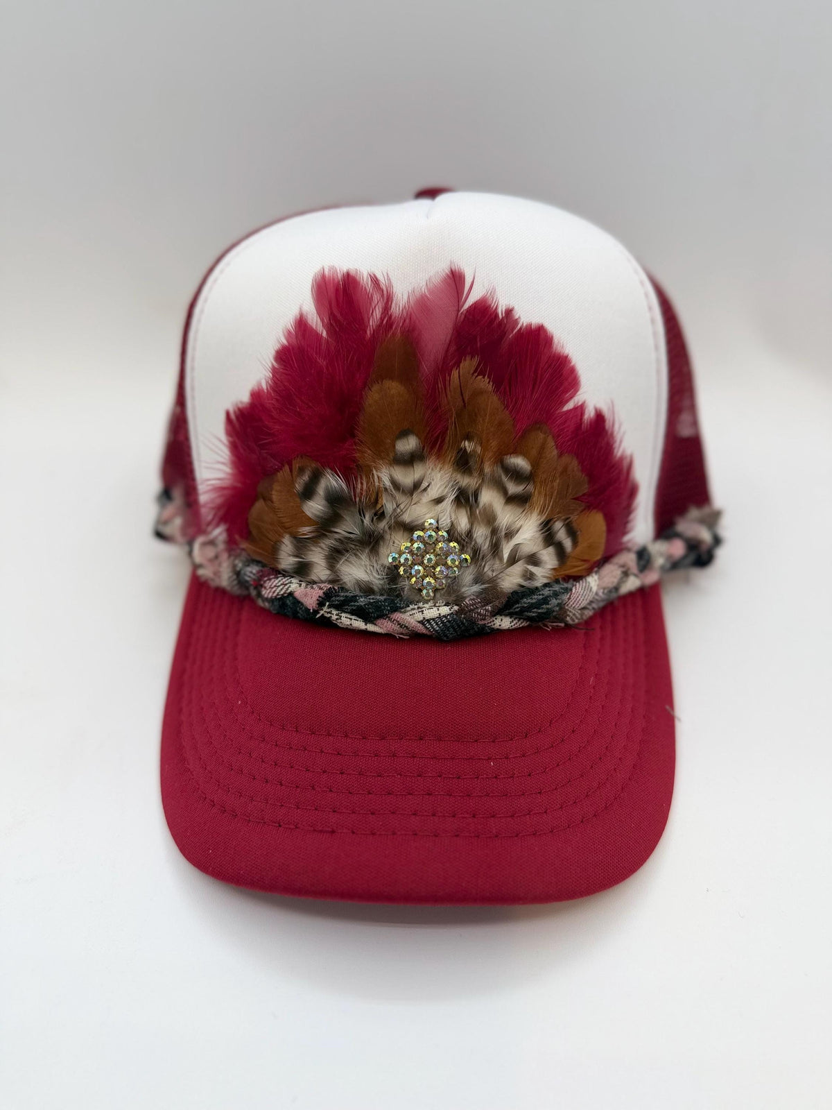 Handmade Feather Trucker Hat with Jeweled Accents, Statement Cap, Adjustable Mesh Hat