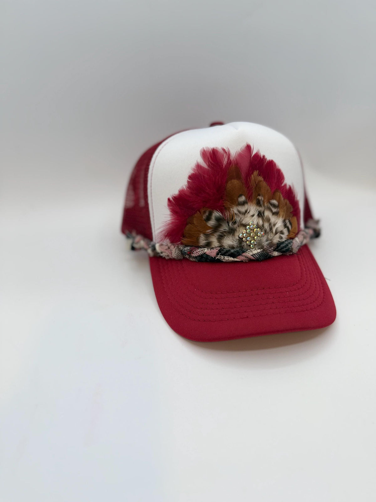 Handmade Feather Trucker Hat with Jeweled Accents, Statement Cap, Adjustable Mesh Hat