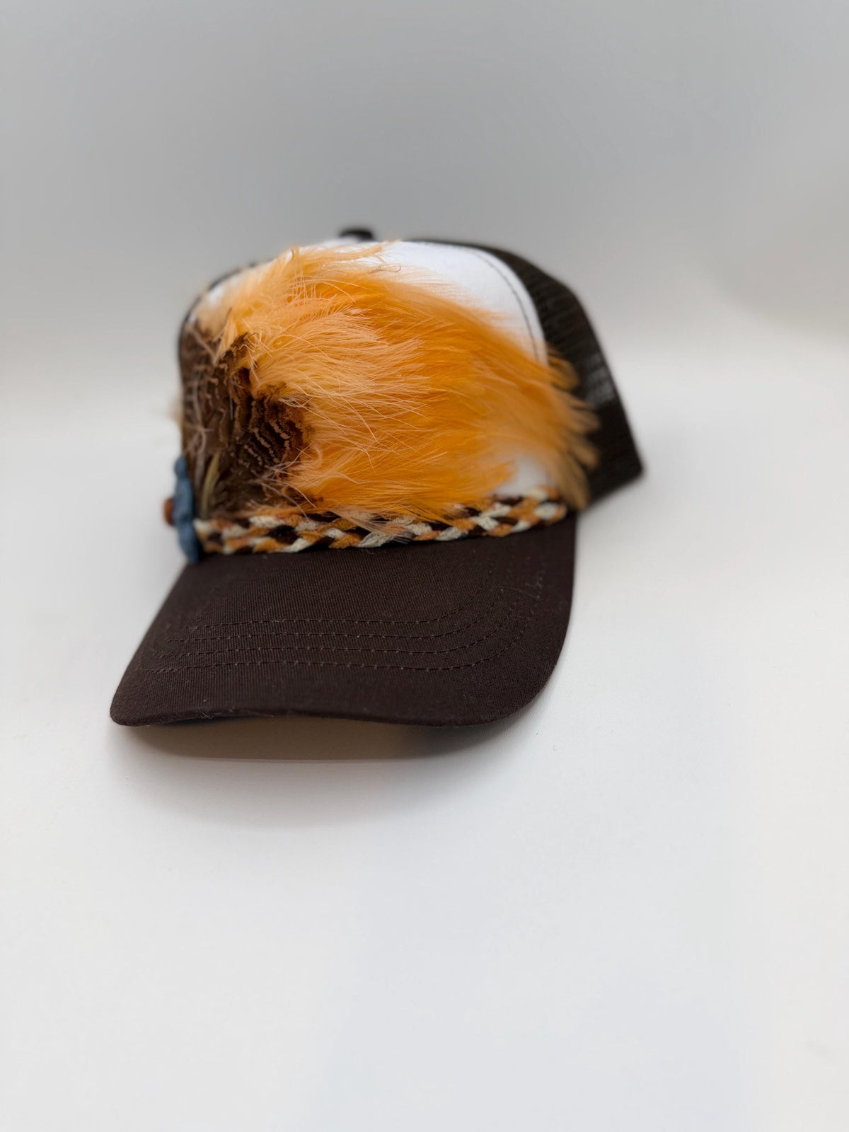 Handmade Feather Trucker Hat with Jeweled Accents, Statement Cap, Adjustable Mesh Hat