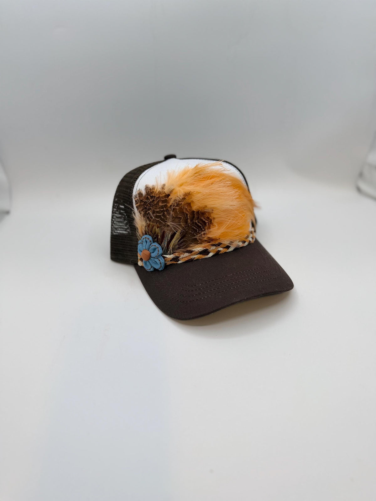 Handmade Feather Trucker Hat with Jeweled Accents, Statement Cap, Adjustable Mesh Hat