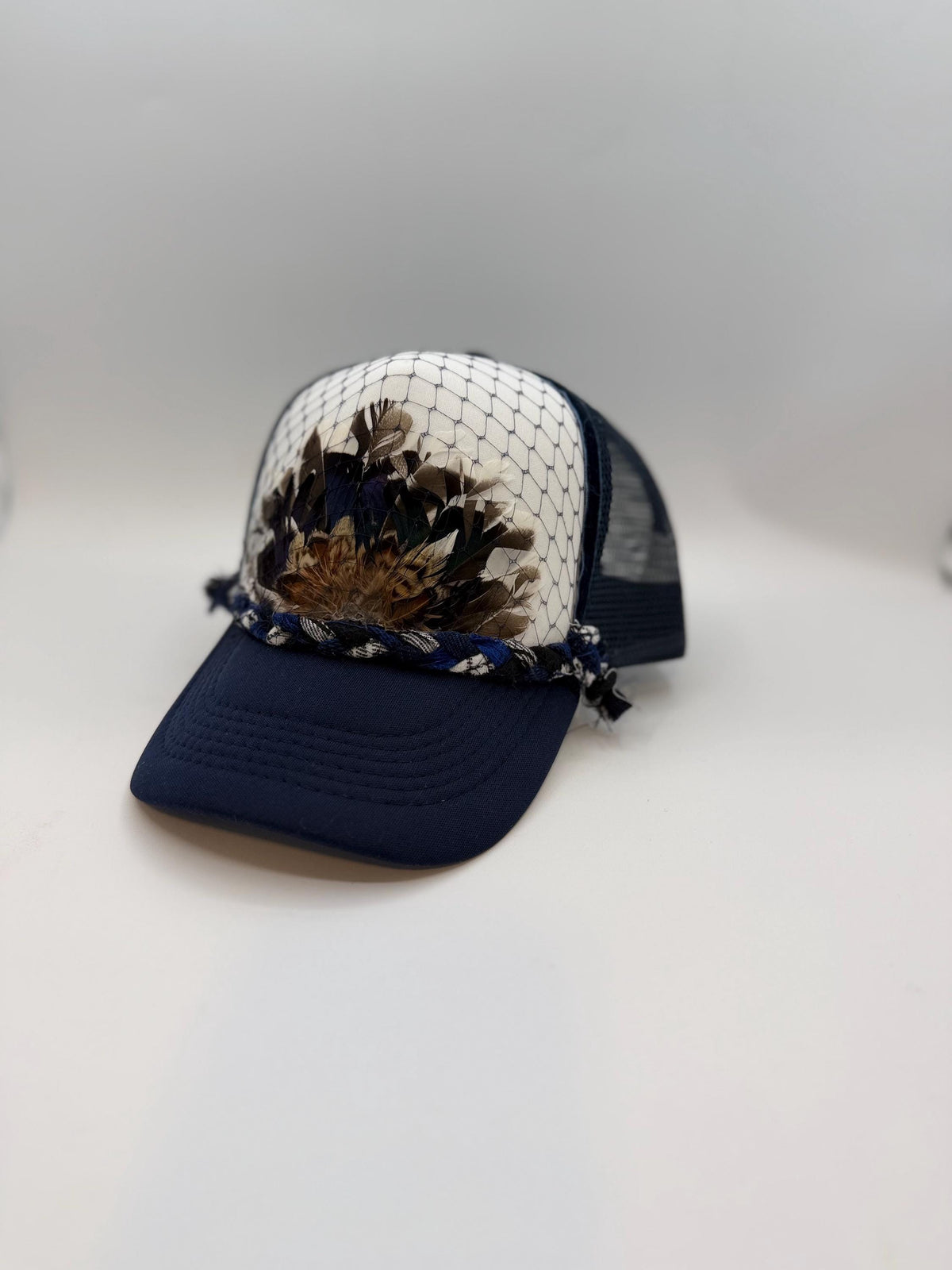 Handmade Feather Trucker Hat with Jeweled Accents, Statement Cap, Adjustable Mesh Hat
